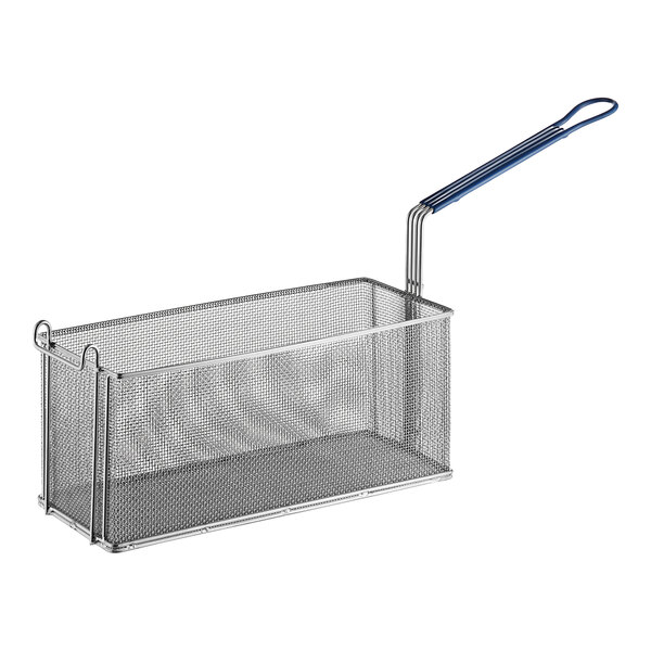 A Pitco stainless steel fryer basket with a blue handle.