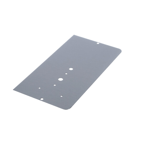 A rectangular gray metal plate with holes.