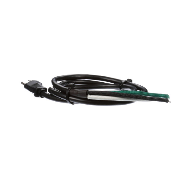 A black cable with green and white wires.