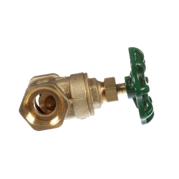 A close-up of a brass Randell drain valve with a green wheel.