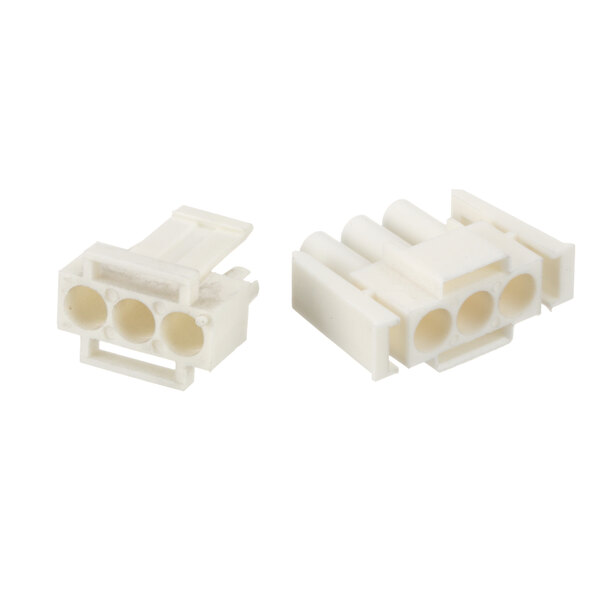 A close-up of two white plastic Pitco connectors with holes.