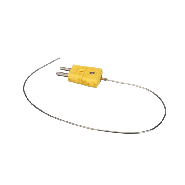 A yellow and silver thermocouple with a yellow connector.