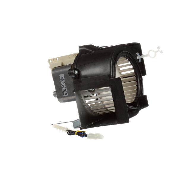 A close-up of a small black Panasonic blower motor with a wire attached.