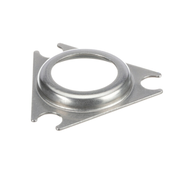 A stainless steel Rational flange for a motor shaft with a hole in the center.
