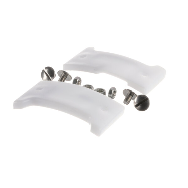 Two white plastic clips with screws and bolts.