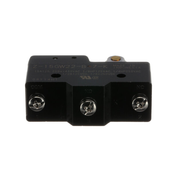 A black Giles snap switch with two screws.