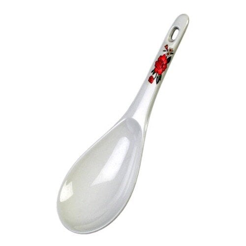 A white Thunder Group rice ladle with a red flower design on the end.