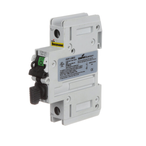A white Beverage-Air power switch with a black circuit breaker handle and green button.