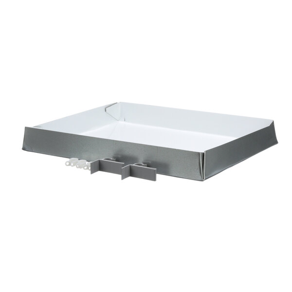 A white rectangular metal tray with a white handle.