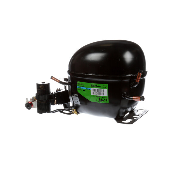 A black Beverage-Air compressor with a green label.