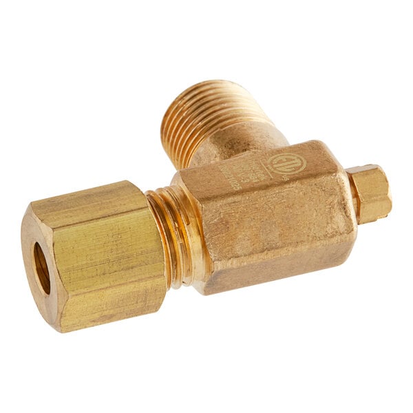 An American Range brass pilot valve with a brass nozzle on a gold metal pipe.