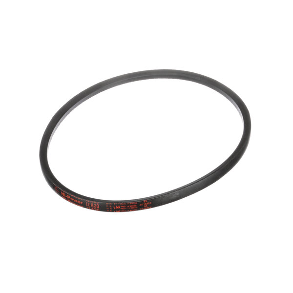 A black rubber circular Hobart V Belt with orange and red text.