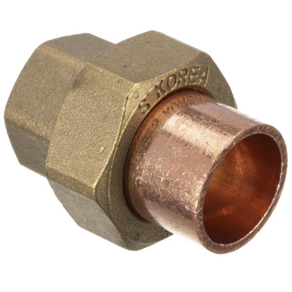A Stero copper union threaded pipe fitting with a nut.