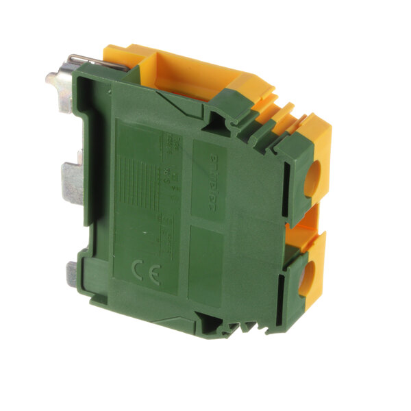 A green and yellow electrical connector with a white background.