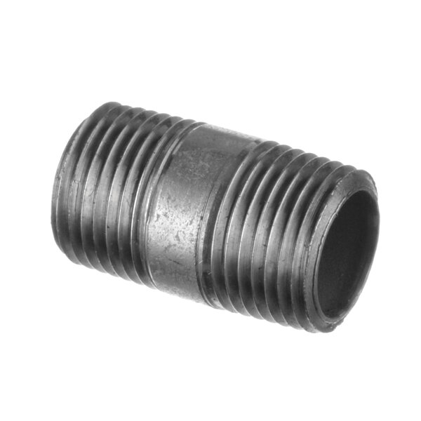 A black threaded cylindrical pipe.