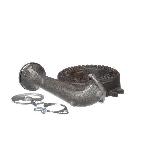 A US Range small stock pot burner assembly with a metal pipe and round metal nut.