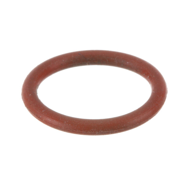 An orange rubber o-ring with a red round object on a white background.
