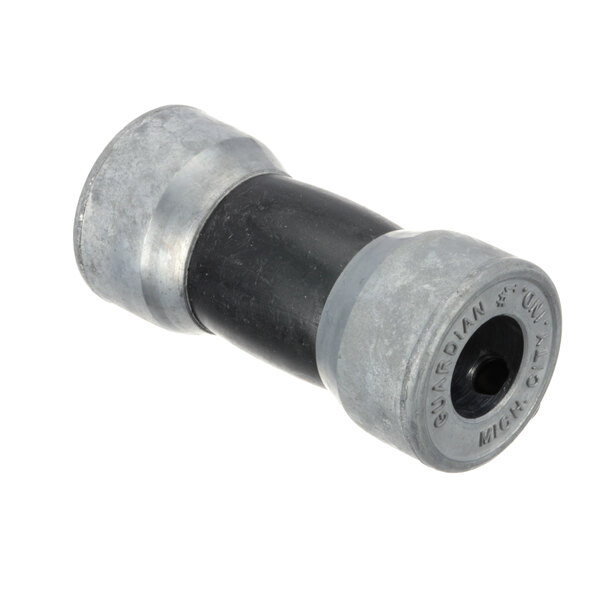 A black and grey rubber coupling with a metal end.