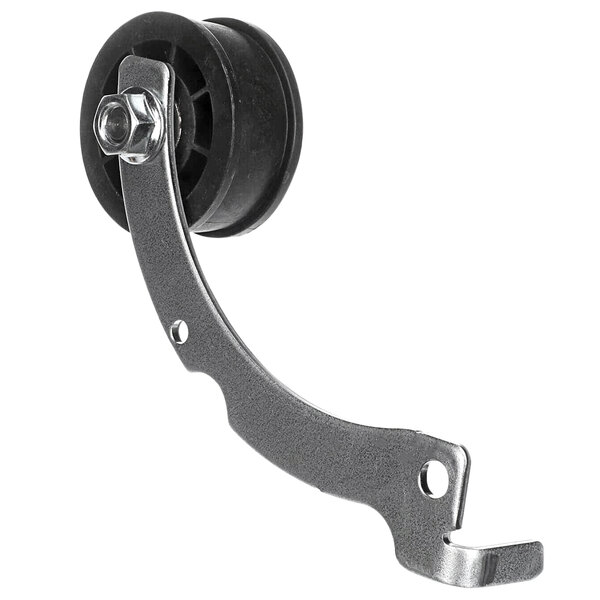 A metal idler pulley with a black wheel and handle.