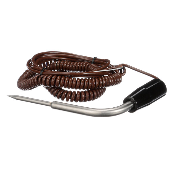 A coiled brown wire with a metal hook.