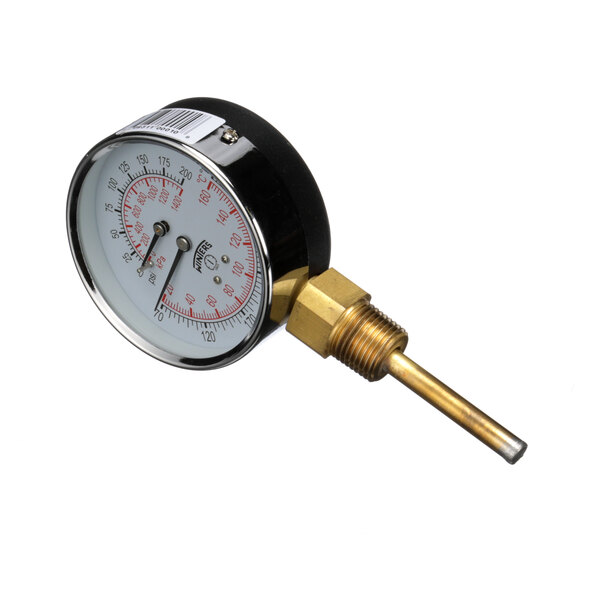 A close-up of a Gaylord pressure gauge with a gold plated brass handle.