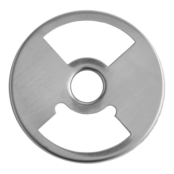 A stainless steel American Range air shutter disc with a hole in the center.