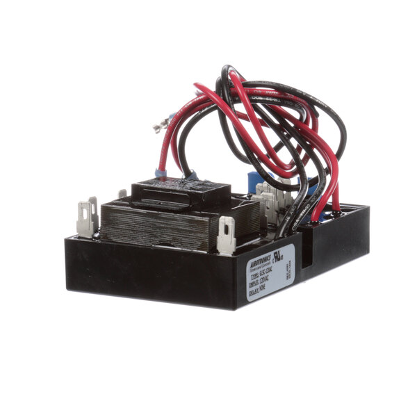 A black Glastender chemical pump control module with red and black wires.