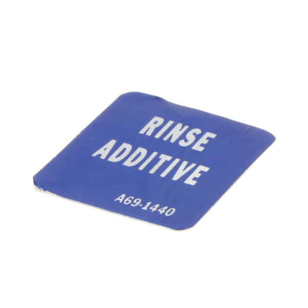A blue square sticker with white text that says "Rinse Additive"