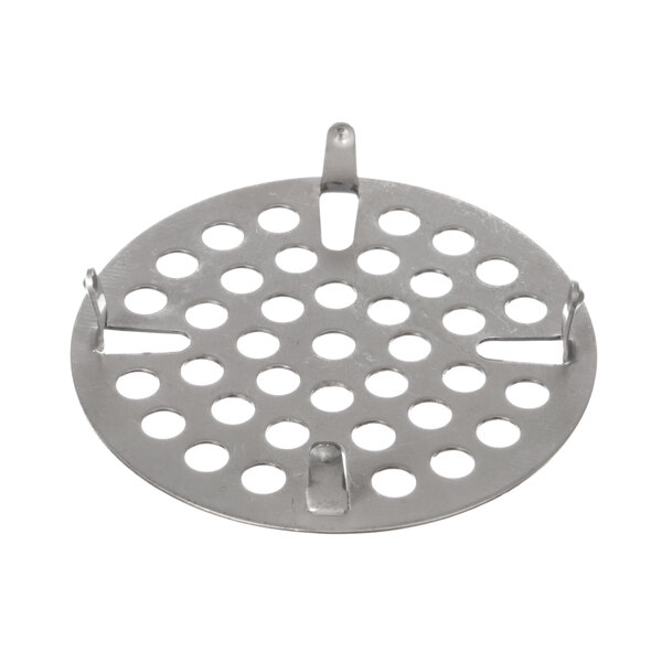 A stainless steel round drain cover with holes.