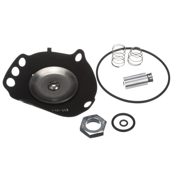 A Stero dishwasher repair kit with a round metal object with a screw in it and metal parts.