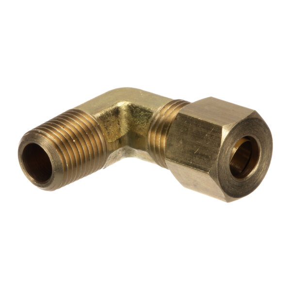 A Pitco brass elbow threaded pipe fitting with a nut.