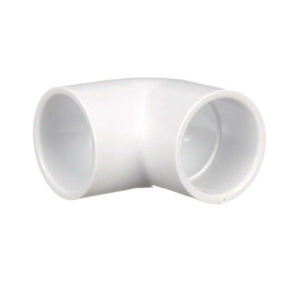 A white plastic pipe elbow.