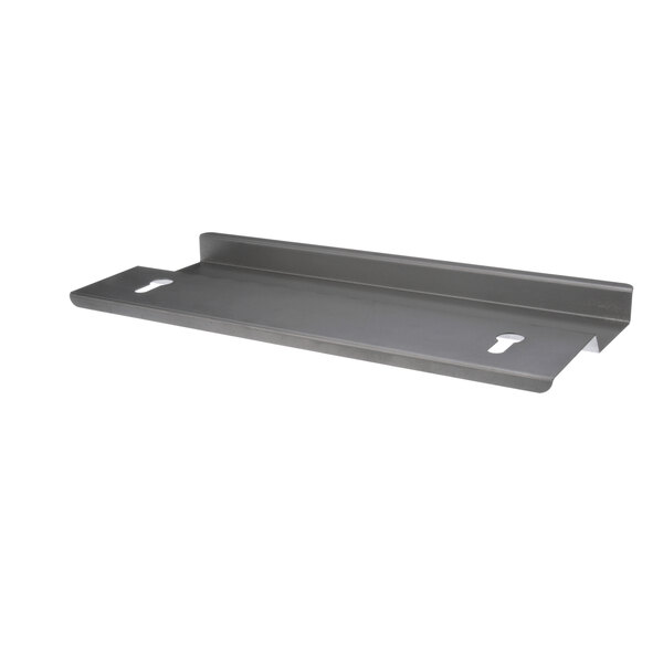 A gray metal rectangular shelf with two holes and a hook on one side.