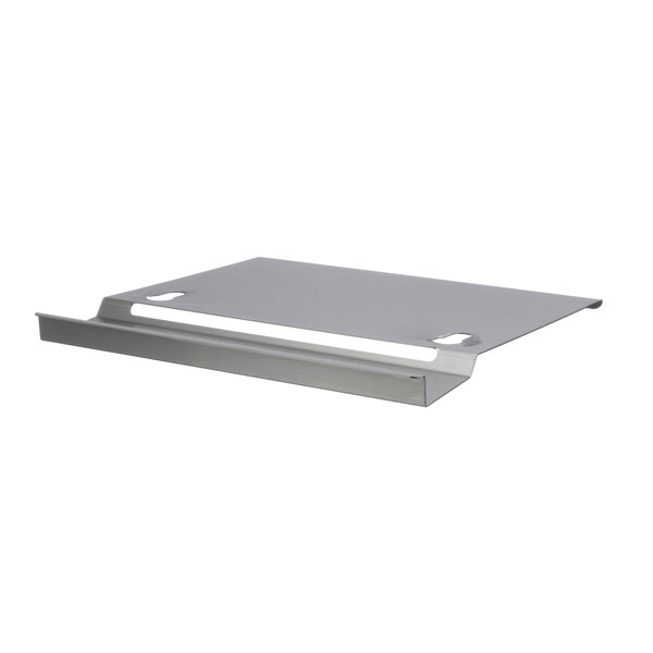 A metal rectangular plate with a white strip and holes on each side.