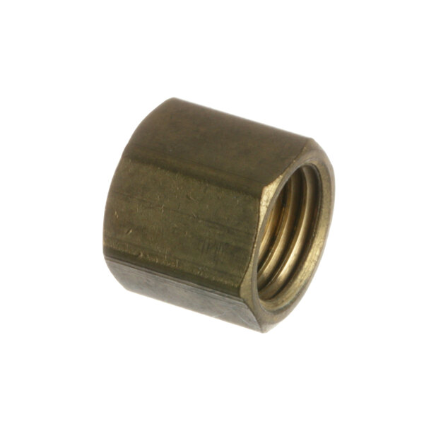 A brass American Range nut with a small hole.