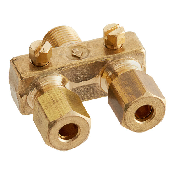 A gold metal American Range Pilot Valve with two nuts.