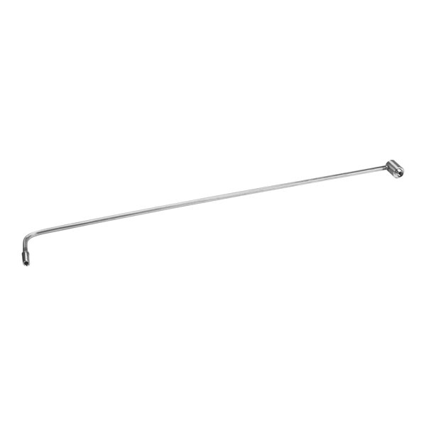 A long metal bar with pipe assembly fittings on a white background.