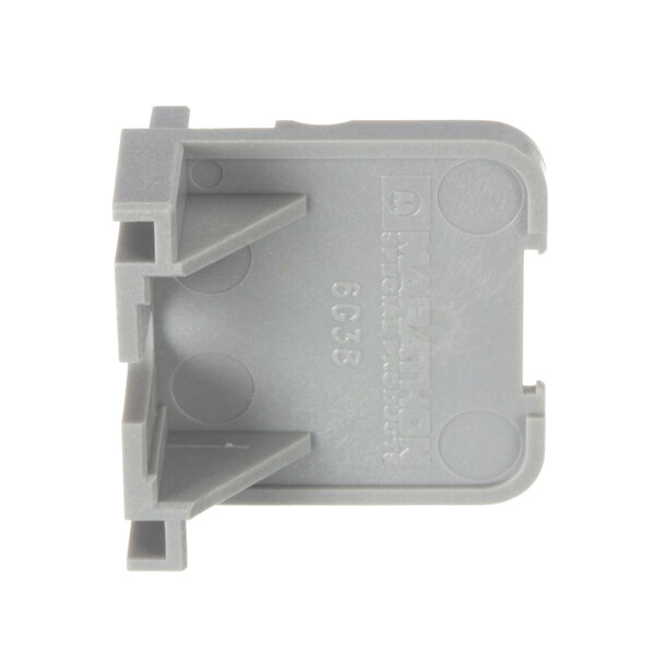 A grey plastic Stero terminal block end with two holes.
