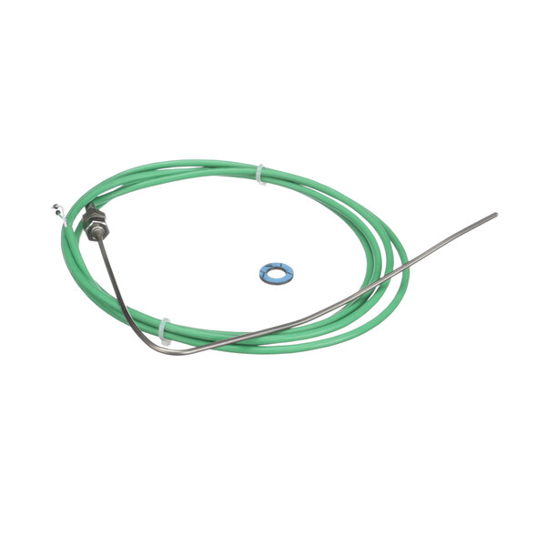A green cable with a metal rod and a blue ring.