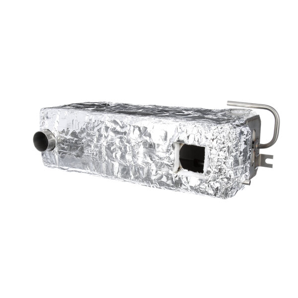 A silver rectangular metal box with a metal tube.