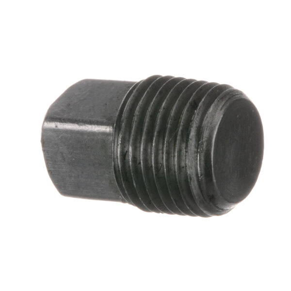 A close-up of a black threaded Imperial pipe plug.