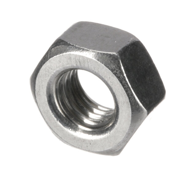 A close-up of a hexagonal nut with a white background.