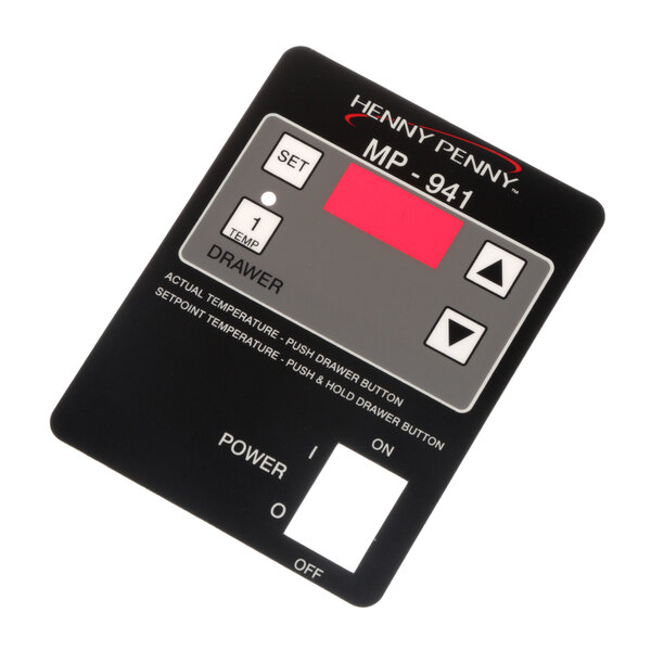 A black rectangular control decal with white and red buttons and a digital display.
