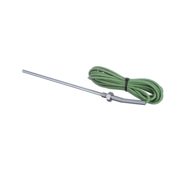 A close-up of a green wire attached to a long metal rod with a white handle.