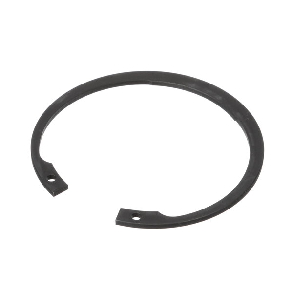 A black rubber circular clip with two holes.