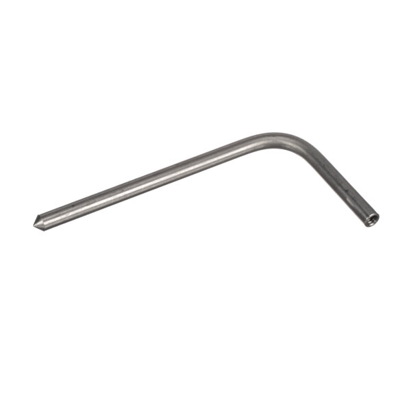 A silver bent metal rod with a long handle.