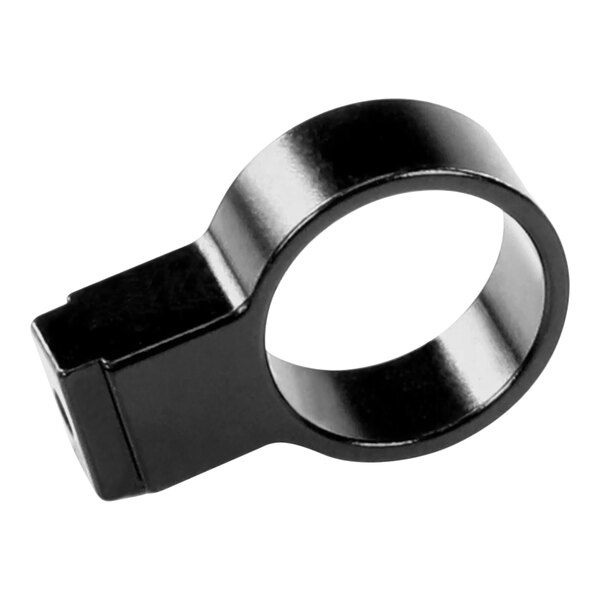 A black metal bracket with a hole in it.