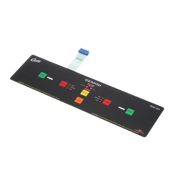 A black rectangular Wilbur Curtis membrane control with red, yellow, and blue buttons.