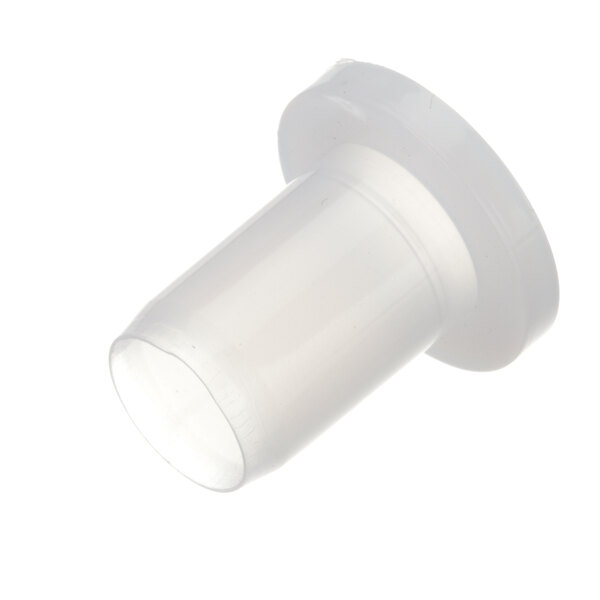 A white plastic bushing with a hole in it.