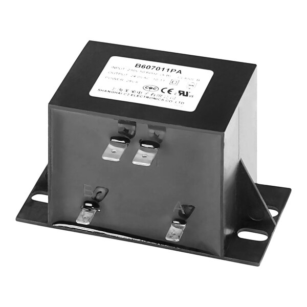 A black transformer with a white label and two switches.